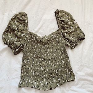 Green Floral Square Neck Blouse